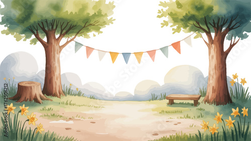 Watercolor park scene with trees and bunting nature