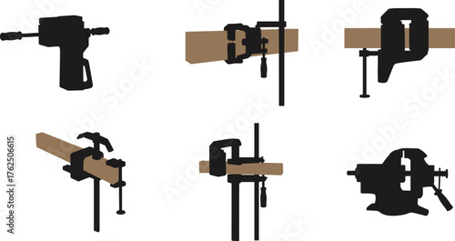 Clamp and vise illustration, woodworking tool artwork, construction equipment design, workshop silhouette, industrial hardware device art