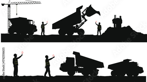 Construction site illustration, heavy machinery artwork, dump truck design, crane operation silhouette, industrial safety communication art