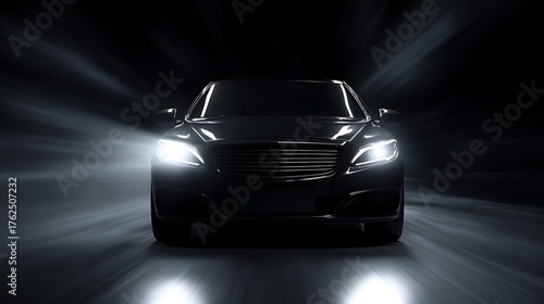 Camera captures dynamic front view of sleek black car in studio setting with dramatic lighting, Car in the studio camera movement on the car front view dynamic lighting on a black.