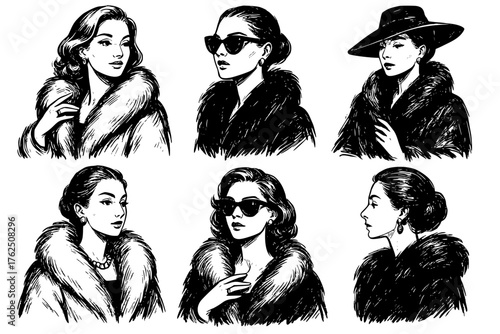 Six drawings of rich woman in winter fur coat