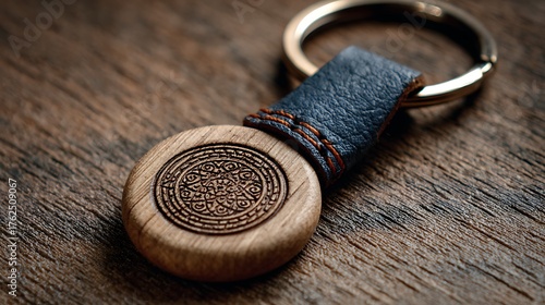 Close-up of a Wooden and Leather Keychain with Engraved Design.
