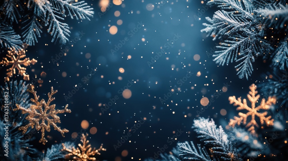 Fototapeta premium Holiday themed border design featuring golden glitter snowflakes and frosted pine branches with bokeh lights on a deep blue winter background.
