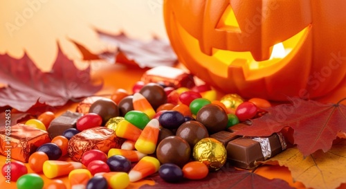 Spooky season sweets and glowing pumpkin, perfect for festive ads or social media posts celebrating Halloween with delicious treats and autumnal charm