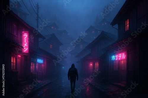 Lone traveler walking through a foggy neon-lit Japanese village street at night, glowing with rain and mystery.
