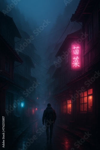 Lone traveler walking through a foggy neon-lit Japanese village street at night, glowing with rain and mystery.