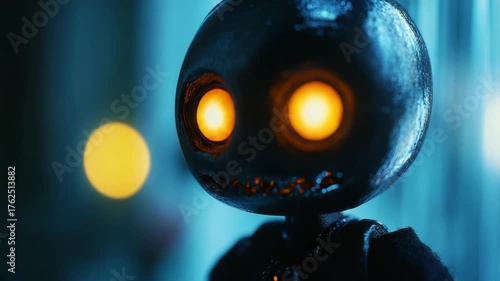 Mysterious Dark Robot with Intense Glowing Orange Eyes and Eerie Glare