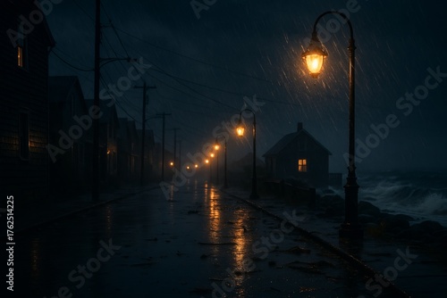Moody rainy night street with glowing lamps by the sea, creating a cinematic and mysterious coastal atmosphere.