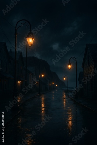 Moody rainy night street with glowing lamps by the sea, creating a cinematic and mysterious coastal atmosphere.