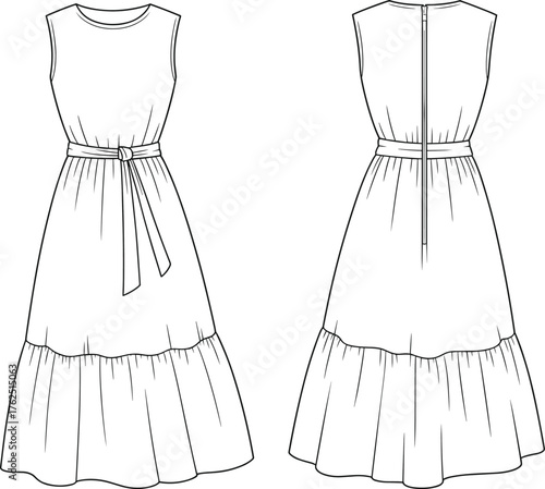 Fashion illustration, sleeveless maxi dress, round neckline, fitted bodice, belted waist, tiered skirt, gathered hem, zipper back, elegant women’s wear, vector drawing