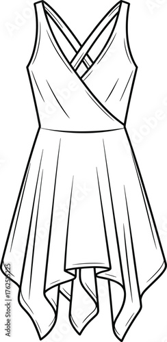Fashion illustration, sleeveless wrap dress, fitted bodice, handkerchief hemline, crisscross straps, asymmetrical skirt, flowing silhouette, elegant women’s wear, garment sketch, vector drawing