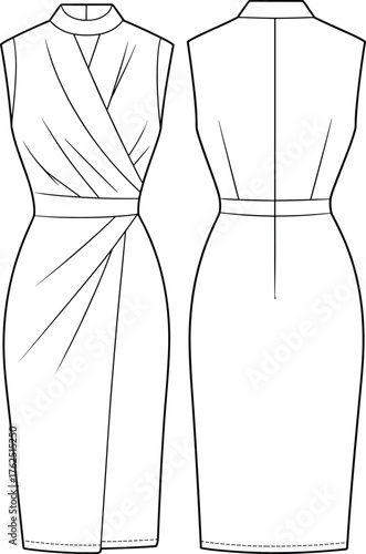 Fashion illustration, sleeveless wrap dress, fitted silhouette, V‑neckline, pleated bodice, high collar, asymmetrical draping, waistband detail, zipper back, garment sketch, vector drawing