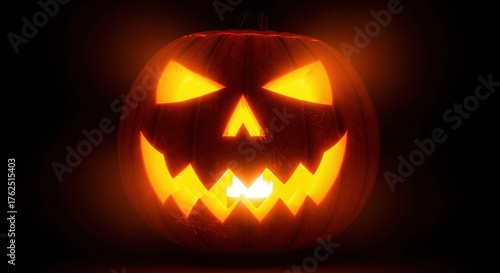 Spooky jack-o'-lantern glowing with eerie light against a dark backdrop, perfect for Halloween promotions and seasonal designs, creating a festive ambiance