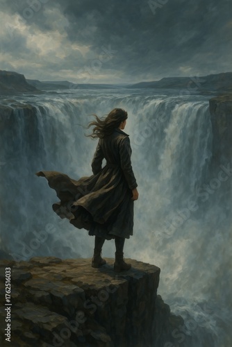 Epic scene of a person standing on a cliff near a roaring waterfall, evoking power, freedom, and solitude.