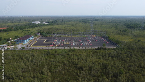 Wallpaper Mural Aerial view of the existing electricity substation in Banjarmasin, electricity terminal and electricity conductor Torontodigital.ca