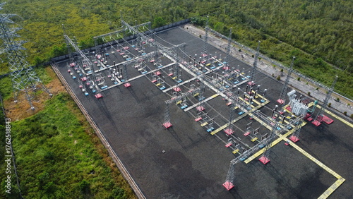 Obraz na płótnie Aerial view of the existing electricity substation in Banjarmasin, electricity t