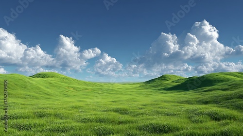 Fototapeta Naklejka Na Ścianę i Meble -  Green field and blue sky with clouds. Nature composition. 3d render, Hilly green landscape view with green grass and beautiful sky.