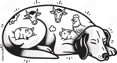 Monochrome stylized sleeping dog filled with farm animals dreams