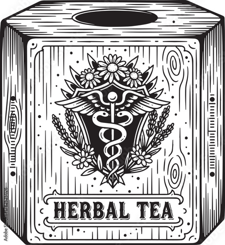 Vintage herbal tea box illustration with medical symbol and flor