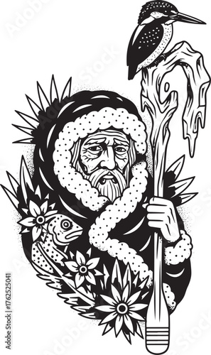 Ornate Blackwork Depiction of Wise Elder with Fauna and Flora Em