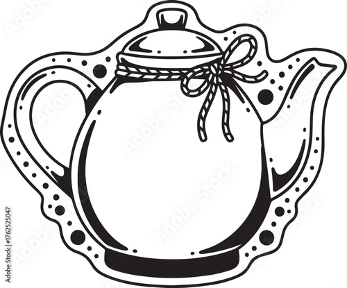 Monochrome vintage teapot with ornate bow, classic tattoo aesthe