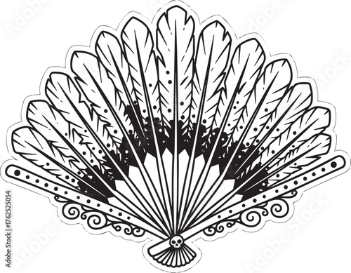 Feathered Hand Fan Tattoo Style Illustration with Skull Detail O