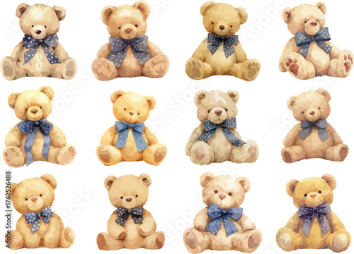 Watercolor Teddy Bears with Blue Bows Clipart