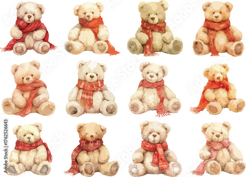 Watercolor Cute Teddy Bears Wearing Red Winter Scarves Clipart