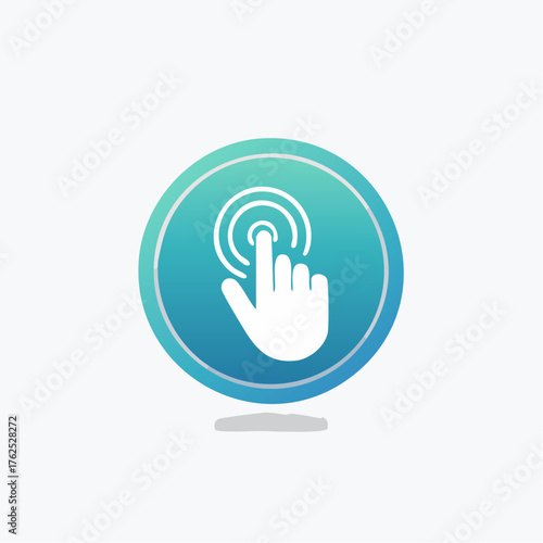 Interactive technology interface featuring a hand icon with concentric circle effects