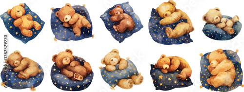 Watercolor Teddy Bears Sleeping on Starry Blue Pillows Clipart