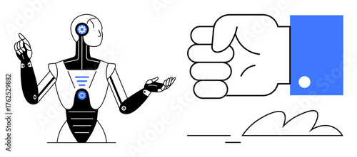 Humanoid robot gesturing while adjacent human hand represents decision-making, control, or teamwork. Ideal for technology, AI integration, human-machine collaboration, innovation, robotics