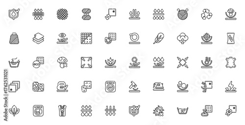 Fabric Features icon set. Vector fabric icons collecion. Includes symbols for ater resistant, breathable fireproof, recyclable, ec friendly, wash care and mre. Editable stroke.