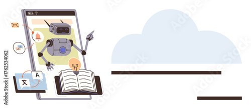 Robot interacting with an open book on a tablet, surrounded by cloud storage, language translation tools, alerts, and email icons. Ideal for AI, knowledge sharing, cloud, language automation tech