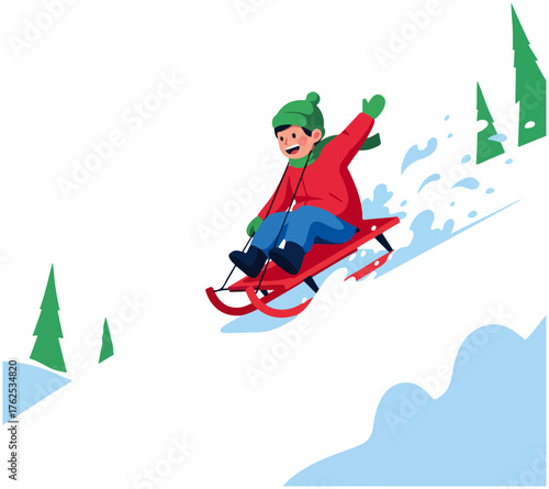 A cheerful young boy in warm winter clothes joyfully sledding down a snow-covered hill while waving.