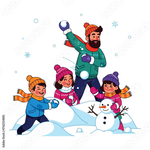 A happy family enjoys a snowball fight and builds a snowman on a snowy winter day.