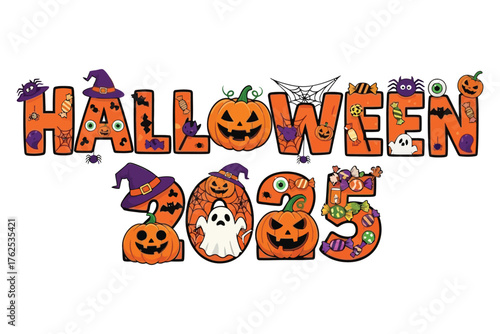 Spooky fun Halloween 2023 design featuring pumpkins, ghosts, spiders, bats, hats, and candy for festive celebrations