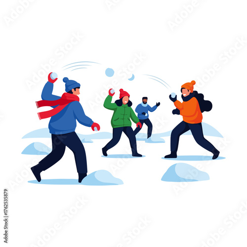 People having a snowball fight in the snow, winter scene.