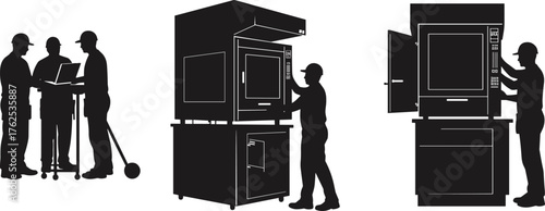 Cabinet assembly illustration, construction worker, power drill, screwdriver use, wall cabinet, safety helmet, carpentry process, furniture installation, repair work, training skills