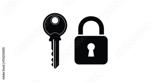 A simple black and white illustration of a key and padlock design