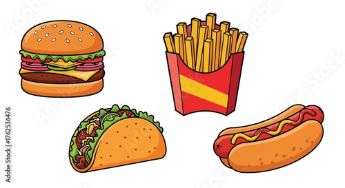 A colorful collection of fast food items including burgers tacos and hotdogs