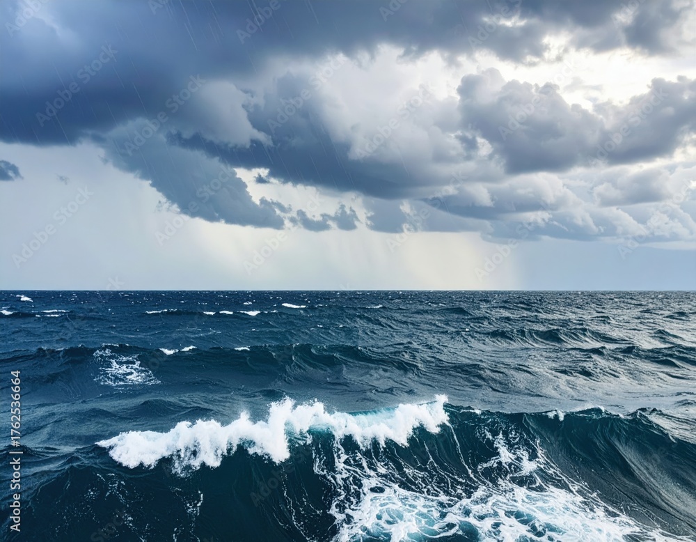 Fototapeta premium Dramatic Dark Ocean Waves Under Stormy Cloudy Sky in Daytime with Rain