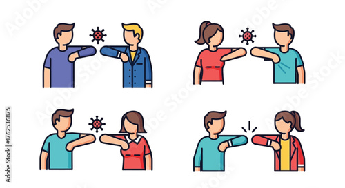 People demonstrating different ways to safely greet each other during a pandemic