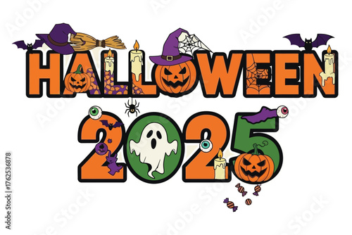 Spooky Halloween 2025 graphic bursting with pumpkins, ghosts, bats, and festive candy for your chilling celebrations!