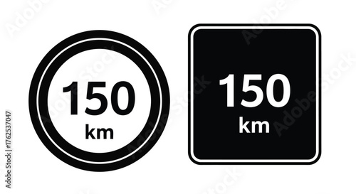 Two black and white traffic signs displaying the number 150 with km