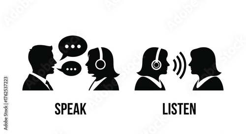Communication process illustrated with speaking and listening figures in black silhouette