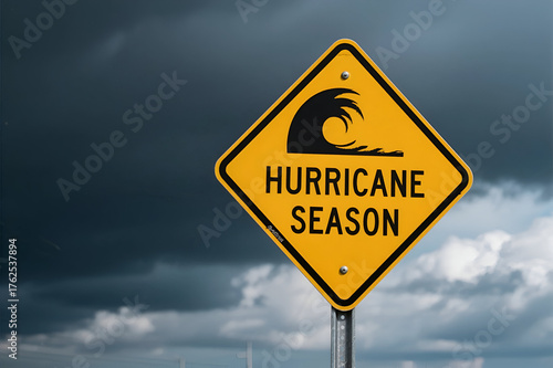 Yellow hurricane season warning sign against a dark, cloudy sky, indicating impending severe weather and natural disaster preparedness.