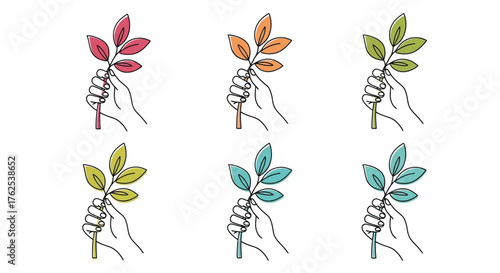 Colorful sketched plant stems with leaves in a simple botanical illustration
