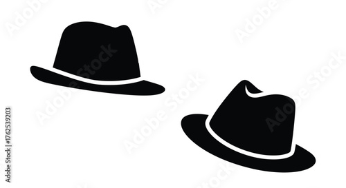 Two simple black silhouettes of fedora hats on a white background