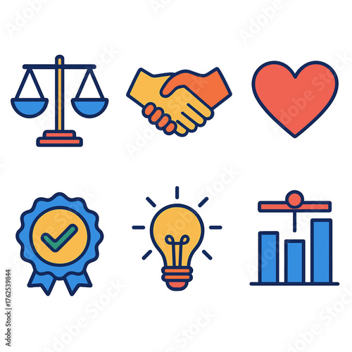 Ethical Conduct flat icons: balance scale, handshake, heart icon, honesty badge, lightbulb idea, fairness chart.