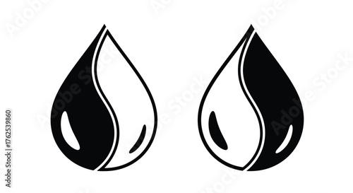 Two black water droplets with white highlights simple graphic design